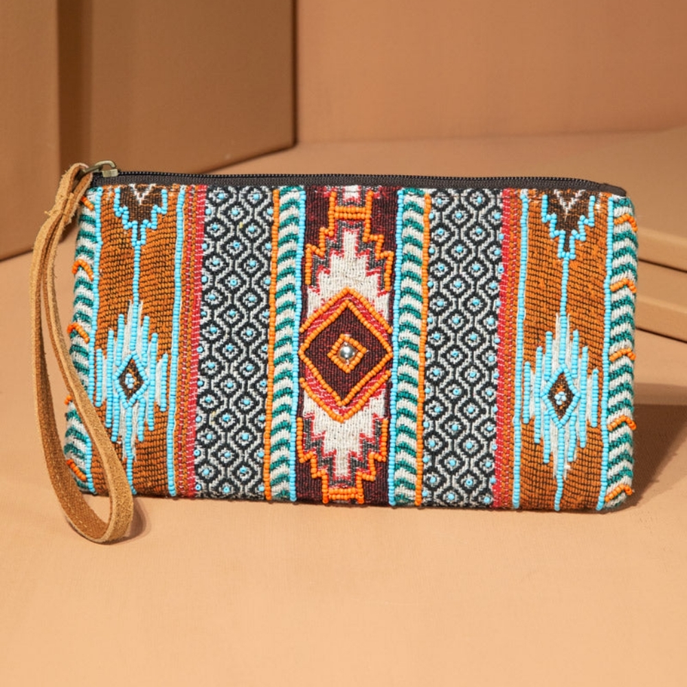 Handmade Hand Beaded Wristlet Clutch - Ethnic Inspired Design - Dyed Fine Cotton - Picture 2 of 6